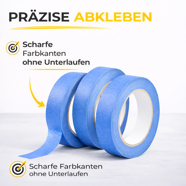 Drei Rollen blaues Malerkrepp für präzises Abkleben und scharfe Farbkanten ohne Unterlaufen.
