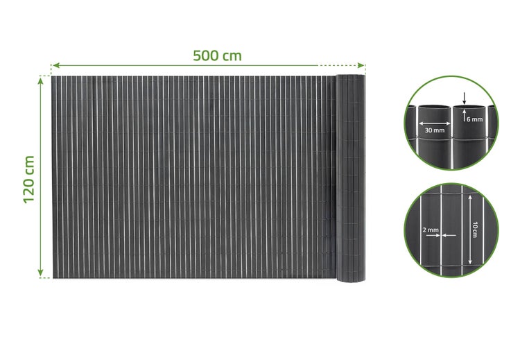 PVC Sichtschutzmatte 120 mal 500 Zentimeter mit Detailansichten der Rohrprofile und des Abstands