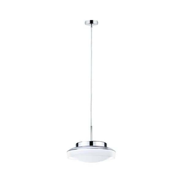 Moderne Pendelleuchte aus Metall in Chrom mit weißem Kunststoff-Diffusor.