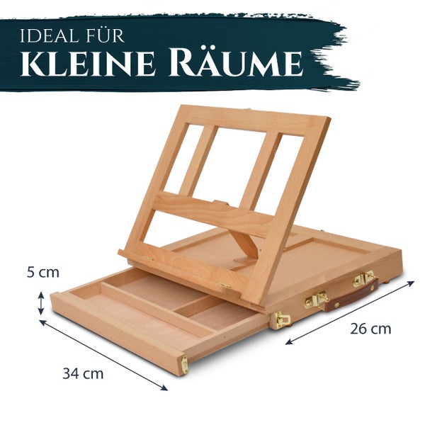 Hochwertige Tischstaffelei aus Holz mit drei Fächern für Kunstbedarf, auf einem Tisch stehend mit Malzubehör.