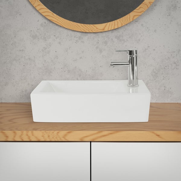 ML-Design Waschbecken aus Keramik in Weiß 51x25x13 cm, Eckig, klein, Hahnloch rechts, Wandmontage oder Aufsatzwaschbecken, Moderne Waschtisch Waschschale Waschplatz Handwaschbecken, für Badezimmer