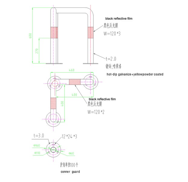 Technische Zeichnung eines Eckschutzbügels aus gelb pulverbeschichtetem feuerverzinktem Stahl mit schwarzen Reflexstreifen und Maßangaben.