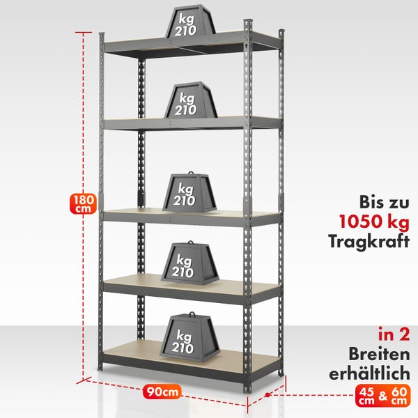 FLOORDIREKT Schwerlastregal Rhino - bis 1050 kg - Pulverbeschichtet - 180 x 90 x 45 cm Anthrazit-Grau