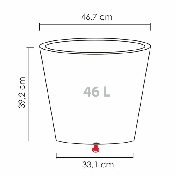 Strichzeichnung eines konischen Pflanzgefäßes mit Maßangaben von 46,7 Zentimeter Durchmesser, 39,2 Zentimeter Höhe und 46 Liter Volumen.