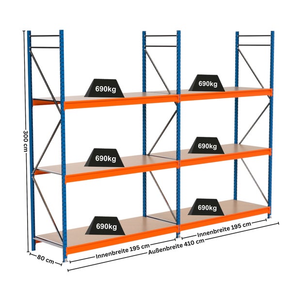 Lagerregal mit drei Ebenen und Gewichtsangaben