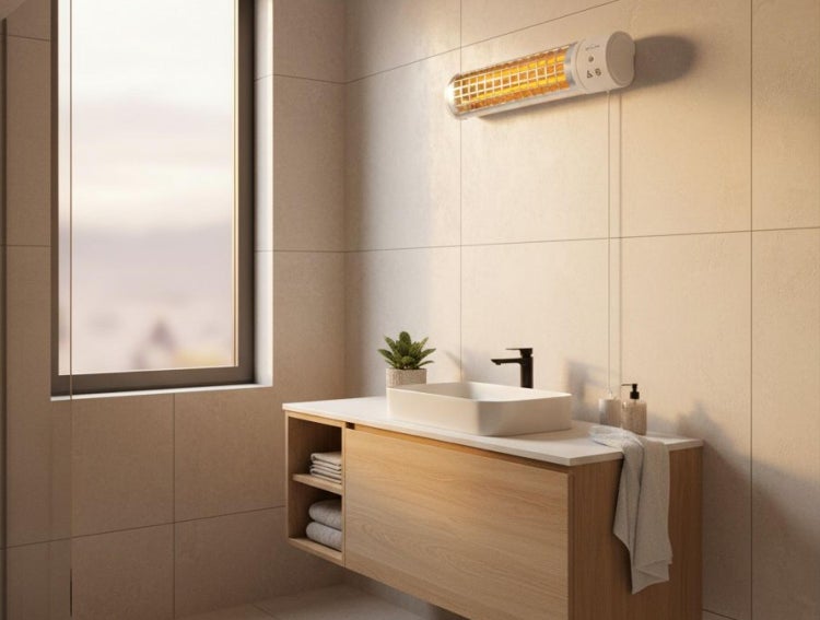 Badezimmer mit Waschbecken, Heizstrahler und Fenster