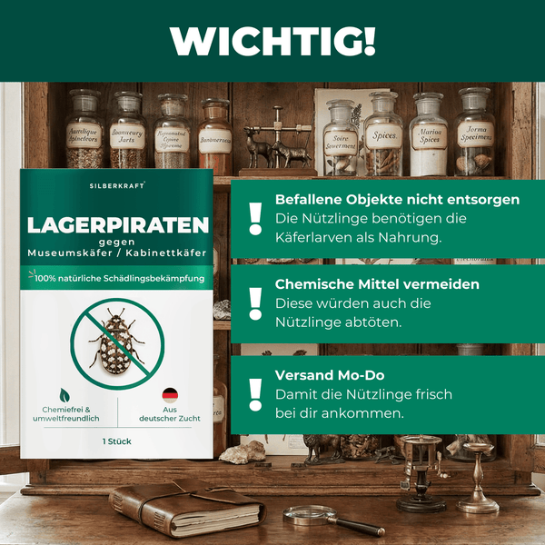 Lagerpiraten gegen Museumskäfer und Kabinettkäfer Packung vor Regalen mit alten Apothekergläsern