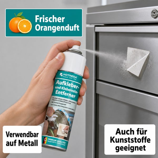 Hotrega Aufkleber und Klebereste Entferner Spray mit Orangenduft zur Anwendung auf Metall und Kunststoff Oberflächen