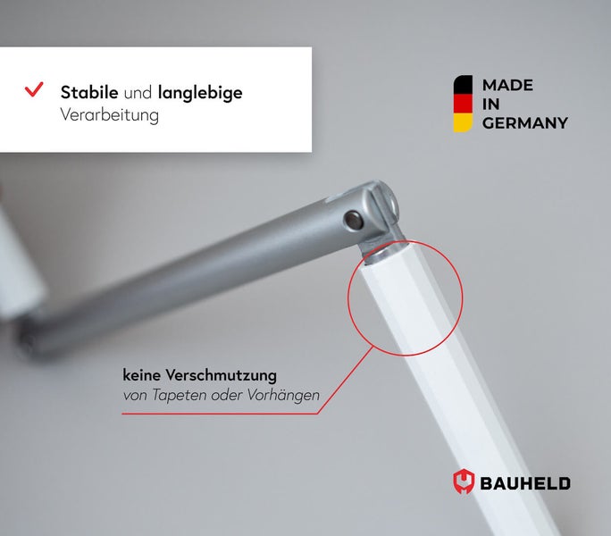 Bauheld Logo. Made in Germany Siegel. Detailansicht einer stabilen und langlebigen Verarbeitung, die Verschmutzung von Tapeten oder Vorhängen verhindert.