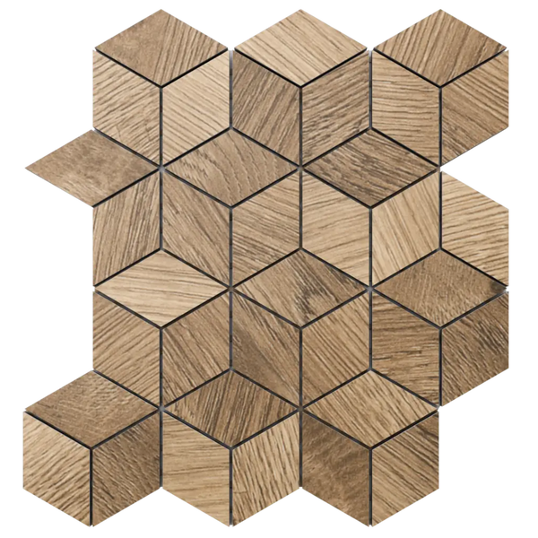 Mosaikfliese in Holzoptik mit 3D-Würfeleffekt und hexagonalem Muster.