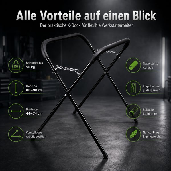 Klappbarer X-Bock aus Stahlrohren mit Polsterung. Belastbar bis 50 Kilogramm, Höhe circa 80 bis 98 Zentimeter, klappbar und platzsparend.