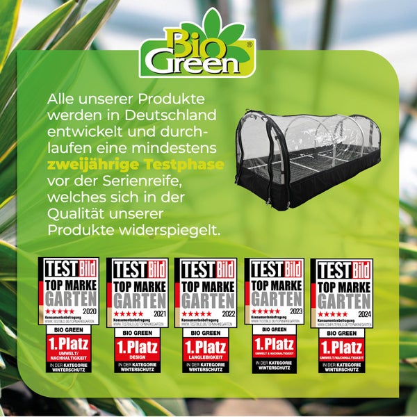 Bio Green Logo, Pflanzenschutzzelt und Auszeichnungen für erste Plätze als Top Marke Garten von 2020 bis 2024 in der Kategorie Winterschutz.