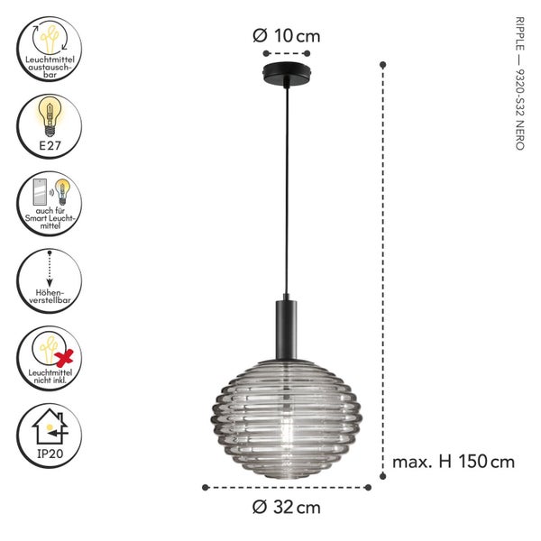 Pendelleuchte Ripple mit geriffeltem Rauchglasschirm, schwarzer Halterung, Durchmesser 32 Zentimeter, Höhe bis 150 Zentimeter, Fassung E27, IP20.