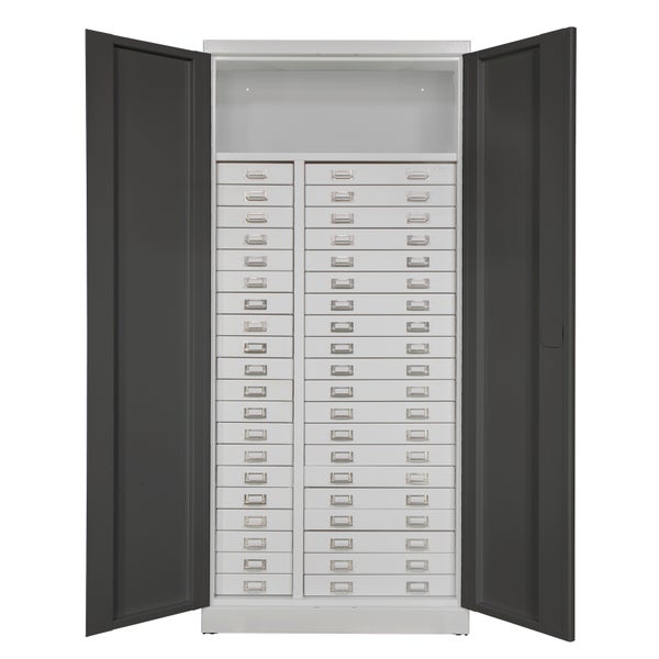 PROREGAL Schubladenschrank Chinchilla mit 40 Schubladen + 1 Ablageboden | HxBxT 179x80x41cm | Lichtgrau/Anthrazitgrau | Spind, Schubladen