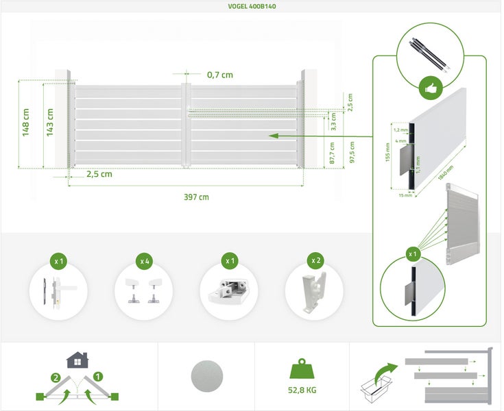 Technische Zeichnung eines Zauns mit Maßangaben und Details zu den enthaltenen Komponenten