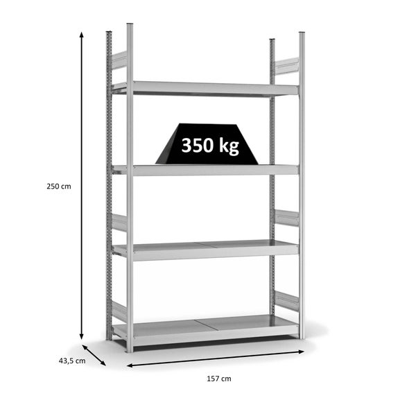PROREGAL Weitspannregal Stecksystem T-Profil Grundregal HxBxT 250x150x40 cm 4 Ebenen Stahlplatten Fachboden Fachlast 350 kg Verzinkt