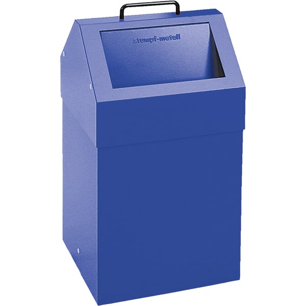 Stumpf-metall Wertstoffsammler aus blauem Metall mit Griff und Einwurföffnung.