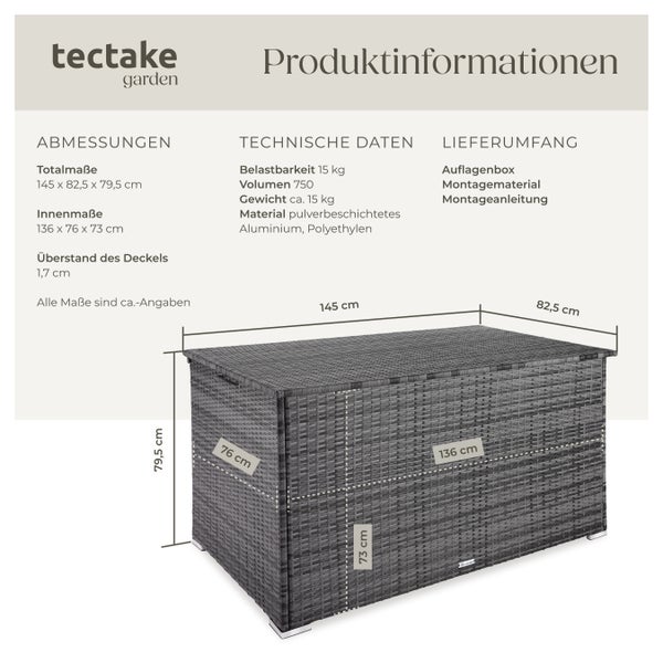 Auflagenbox tectake Oslo 145 x 82,5 x 79,5 cm 750 l, mit Aluminiumgestell und Rattangeflecht grau