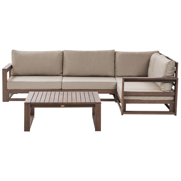 Gartenset mit Ecksofa und Couchtisch aus Holz