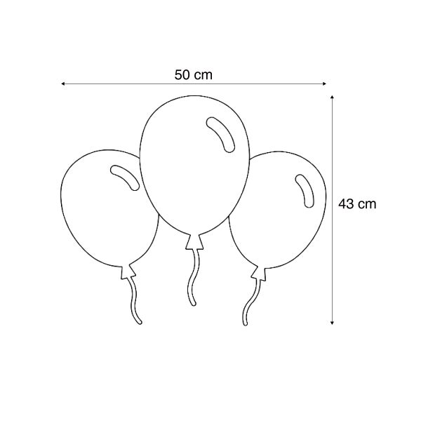 Strichzeichnung von drei Luftballons mit Bemaßung von 50 Zentimeter Breite und 43 Zentimeter Höhe.