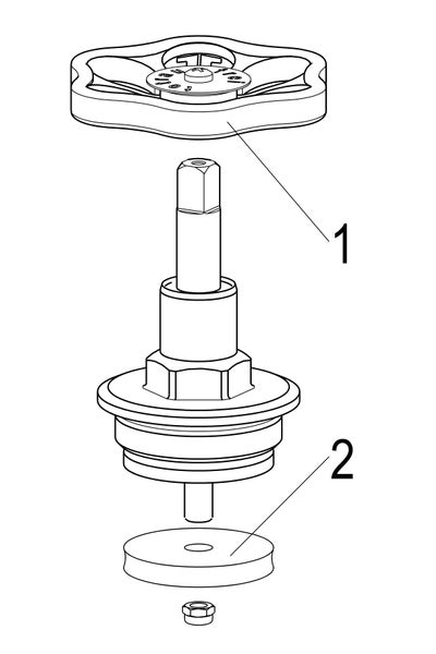 Explosionszeichnung eines Ventiloberteils mit Handrad (1) und Dichtung (2).
