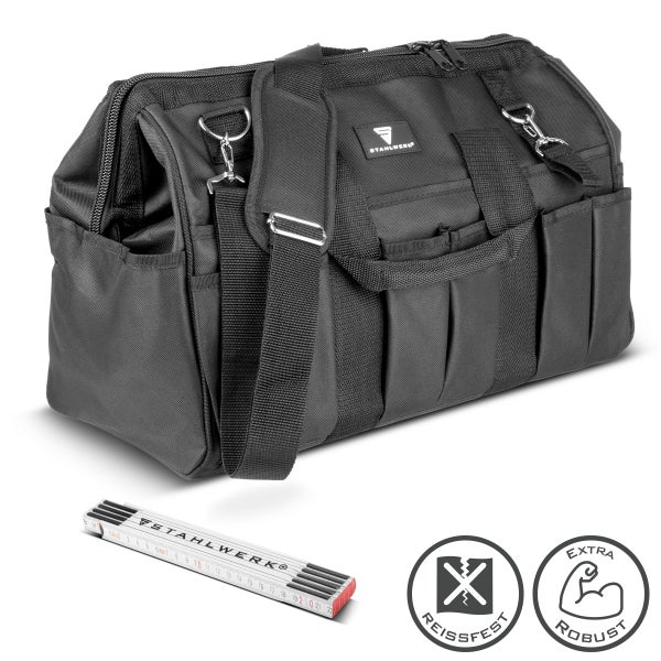 Stahlwerk Werkzeugtasche mit Schultergurt, Außentaschen und Zollstock, reißfest und robust, Stahlwerk Logo.