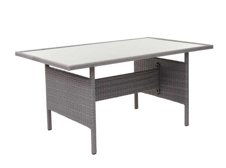 Rechteckiger Gartentisch aus Polyrattan mit Glasplatte.