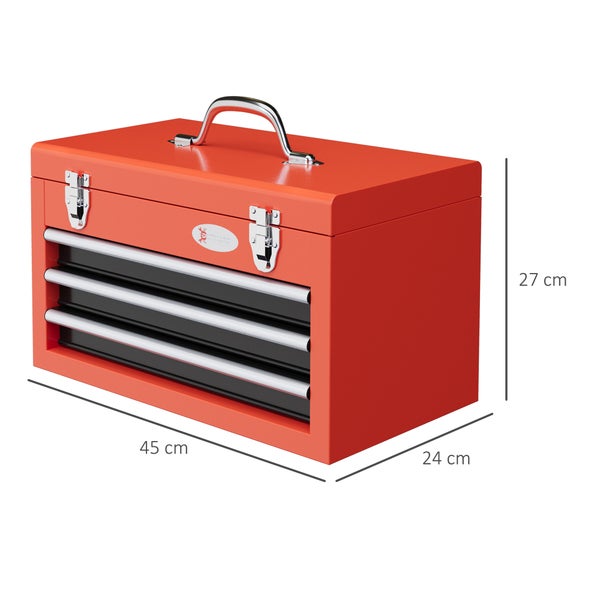 DURHAND Werkzeugkiste leer, 45 x 24 x 27 cm Werkzeugkasten mit 3 Schubladen, oberes Staufach, Handgriff, Werkzeugkoffer mit 2 Schloss, Stahl, Rot