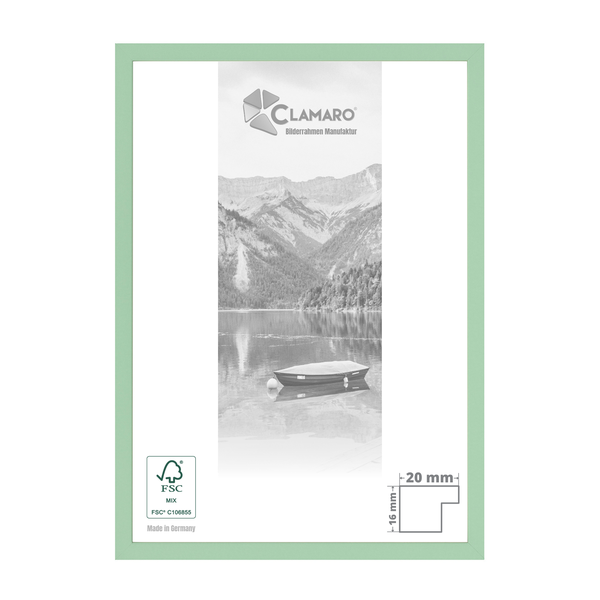 Bilderrahmen Clamaro aus Holz in Hellgrün, Profilbreite 20 Millimeter, Profiltiefe 16 Millimeter, FSC-zertifiziert, Made in Germany.