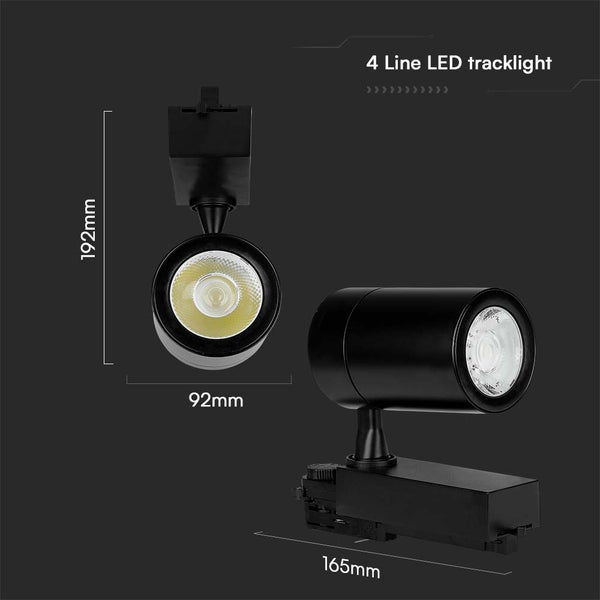 Zwei schwarze LED-Schienenstrahler mit Größenangaben