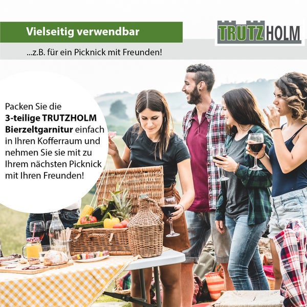Drei teilige Trutzholm Bierzeltgarnitur beim Picknick im Freien mit Freunden.
