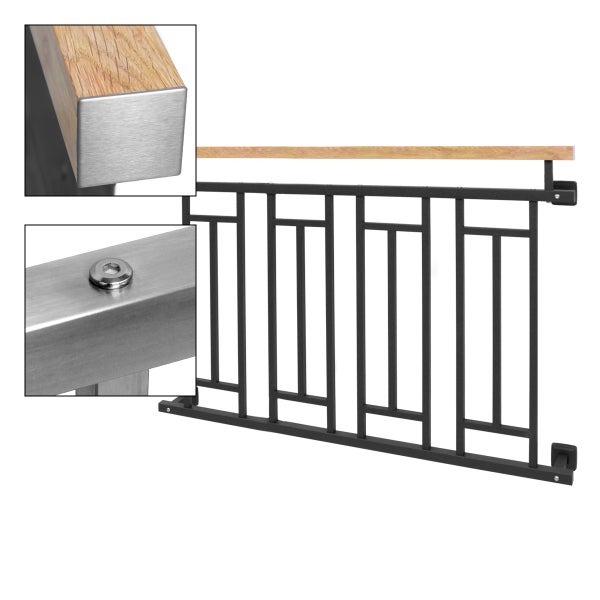 ECD Germany Französischer Balkon 90x128 cm mit 4 Füllelementen, Anthrazit matt, Holzoptik, verzinkter Stahl, Balkongeländer Stabgeländer Balkonbrüstung Balkongitter Fenstergeländer Außen Fenstergitter
