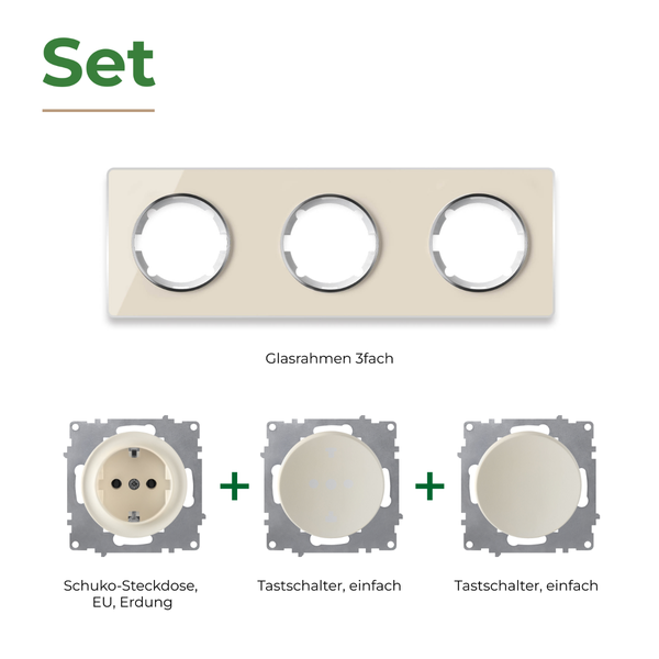 Set bestehend aus dreifach Glasrahmen sowie Schuko Steckdose und zwei einfachen Tastschaltern zur Unterputzinstallation