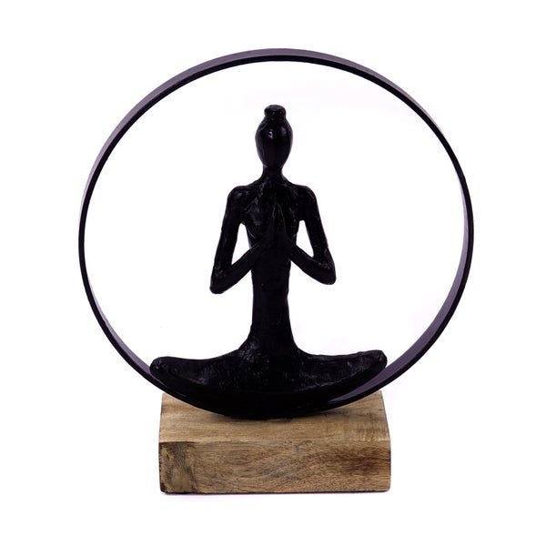 Skulptur Namaste Mangoholz-Sockel schwarz-natur
