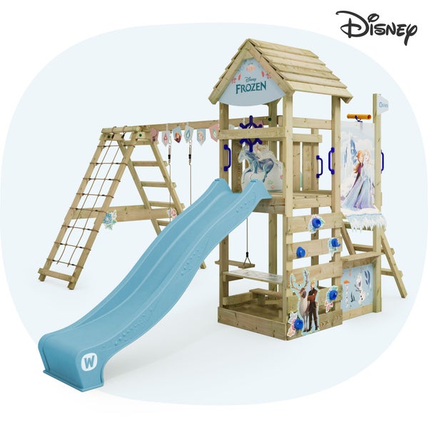 WICKEY Spielturm Disney Die Eiskönigin Story mit Rutsche, Kletteranbau und Doppelschaukel