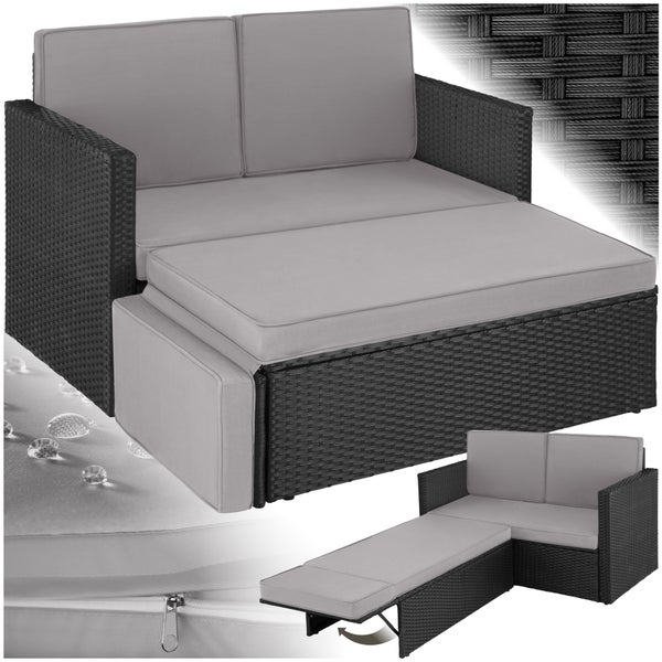 Rattan Lounge tectake Korfu Hocker mit klappbarer Stütze 2-Sitzer schwarz/grau