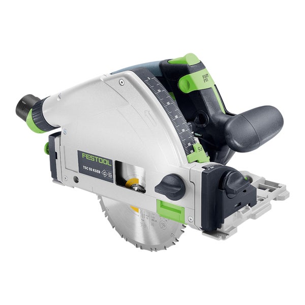 Festool Akkumulator-Tauchsäge TSC 55 KSEB mit Sägeblatt und Absaugstutzen.