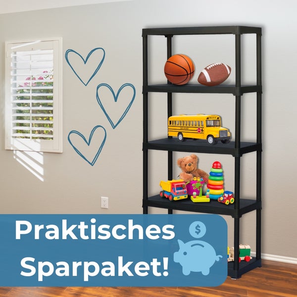 Schwarzes Kunststoffregal mit vier Ablagen im Kinderzimmer mit Spielzeug