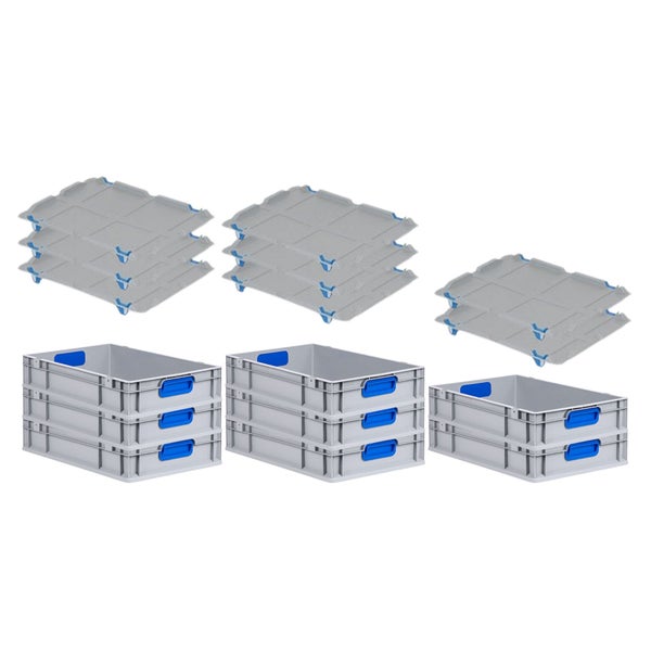 PROREGAL Spar Set 8x Eurobox Nextgen Color Mit Auflagedeckel & Schiebeschnappverschlüsse HxBxT 12 x 40 x 60 cm Griffe Blau Geschlossen Glatter Boden