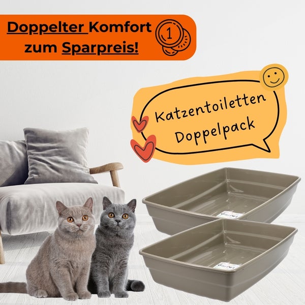 Zwei Katzentoiletten aus Kunststoff neben zwei Katzen vor einem Stuhl.