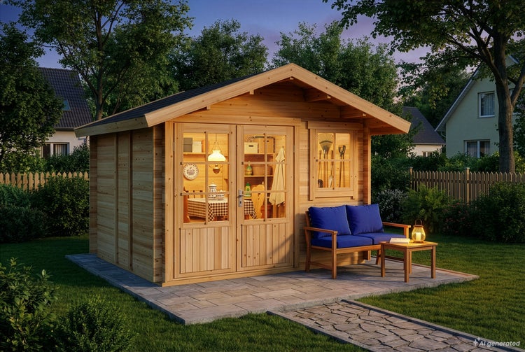 Holzgartenhaus mit Doppeltür und Sprossenfenster auf einer Steinterrasse im Garten bei Dämmerung mit Sitzbank davor.