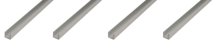 Vier U-Profile aus Aluminium für den Innenausbau und Heimwerkerbedarf.