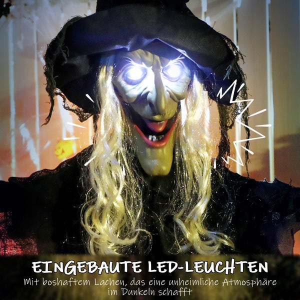 Animierte Halloween Hexe mit LED Augen und Hut