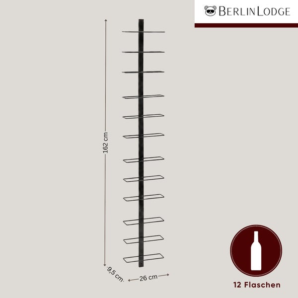 Wandweinregal von Berlin Lodge aus Metall für 12 Flaschen, Maße 162 mal 26 mal 9,5 Zentimeter