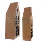 Dekoleidenschaft 2x Windlicht Haus aus Metall mit Echt Rost Finish, Kerzenhalter 45 + 55 cm hoch, Dekohaus, Weihnachtsdeko, Gartendeko für Draußen