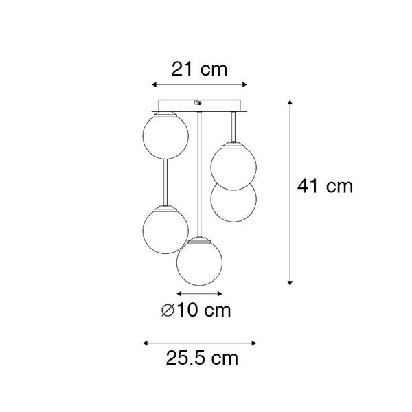 Abmessungen einer Pendelleuchte mit mehreren runden Glaskugeln, dargestellt in einer technischen Zeichnung.
