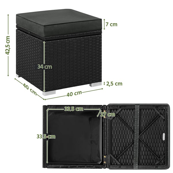 Gartenhocker mit Stauraum und Maßangaben
