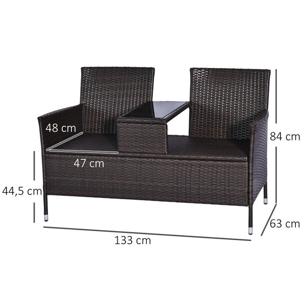 Outsunny Polyrattan Gartenbank, Sitzbank mit Tisch, B133 x T63 x H84cm, 2-Sitzer, Stahl, Braun