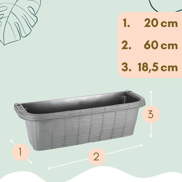 Abmessungen eines grauen Blumenkastens mit den Maßen 20 cm Breite, 60 cm Länge und 18,5 cm Höhe.