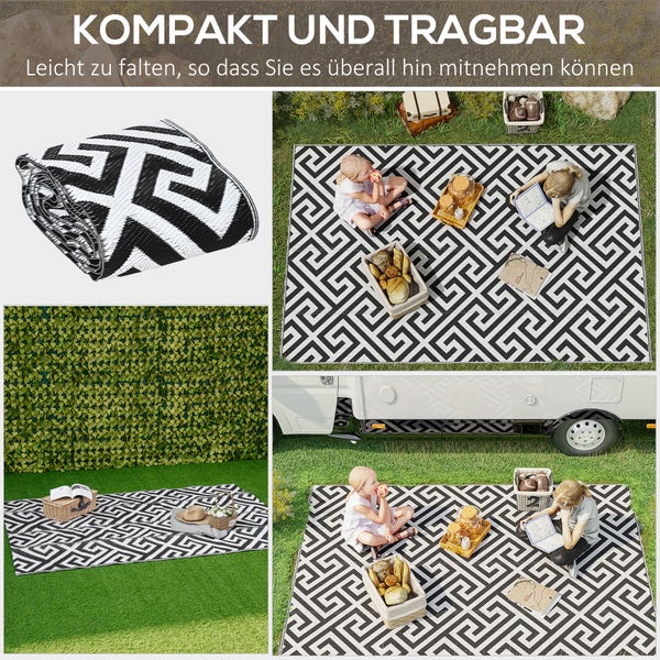 Outsunny Outdoor-Teppich, Kunststoffteppich mit Doppelseitigem Design, Wasserabweisender Balkonteppich, für Terrasse, Camping, Schwarz+Weiß, 152 x 243 cm